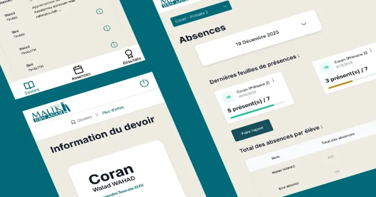 Communication Parents-Profs, interface conçue pour Institut Malik Ibn Anas